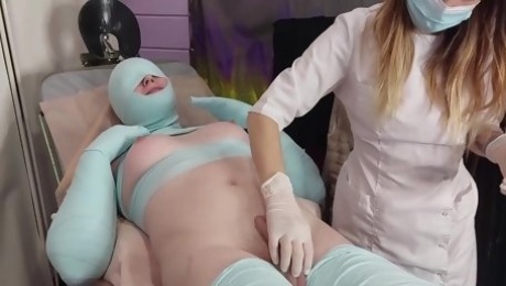 Dominant Nurse Bondage Tgirl Patient With Elastic Bandages. Medical Fetish Restraining And Exam