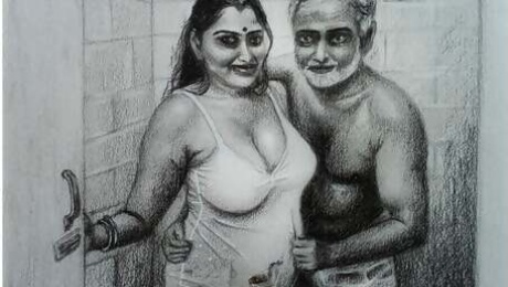 Erotic Art Or Drawing Sexy Desi Indian Woman inside Bathroom with Father In Law