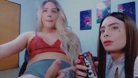 Tranny sucks her blonde friend's cock